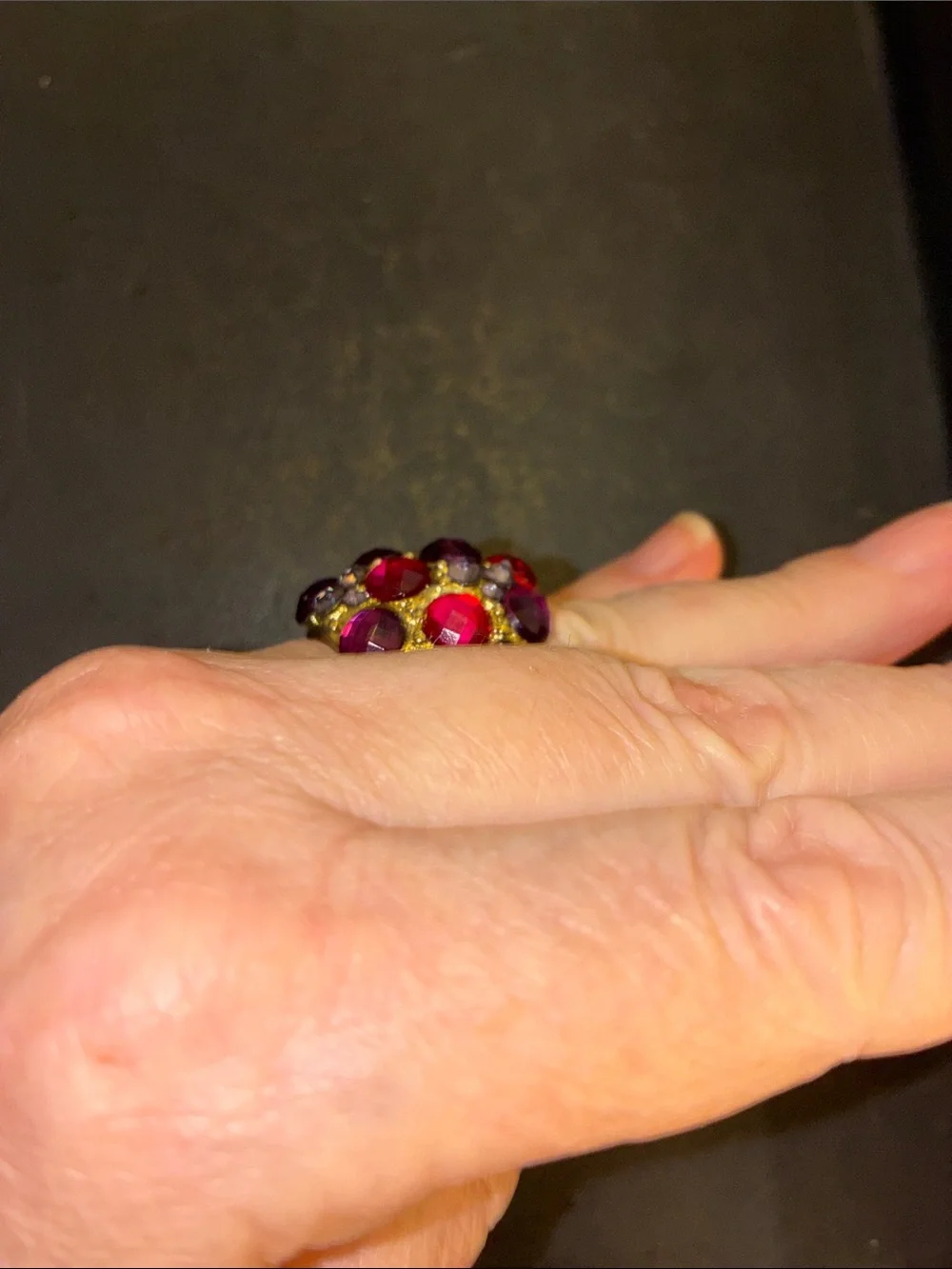 Silver Tone Red & Purple Cluster Statement Stretch Ring